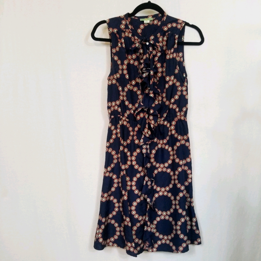 Anthropologie Navy Midi Dress with Tan and Cream Circular Print